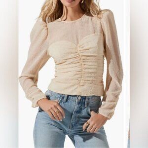 ASTR The Label Ivory Ruched Sheer Puff Sleeve Blouse Romantic Cottagecore Top S